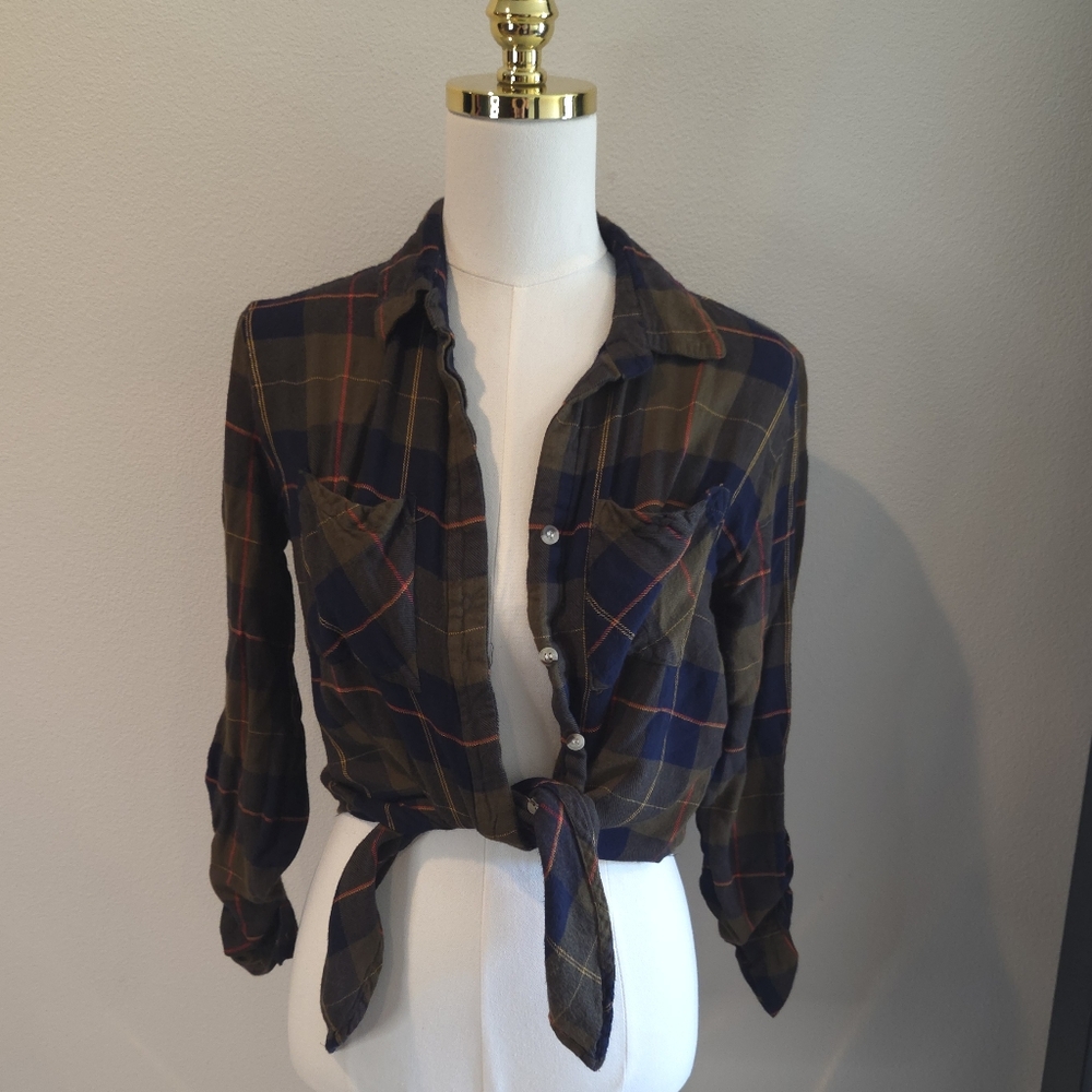 Navy and Army Green Plaid Button Up Shirt With Tie Fronr